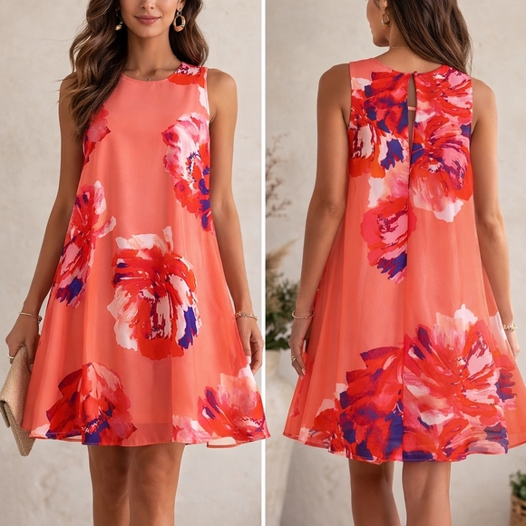 Calvin Klein Dresses & Skirts - #1060 Calvin Klein Coral Floral Sleeveless A-Line Dress